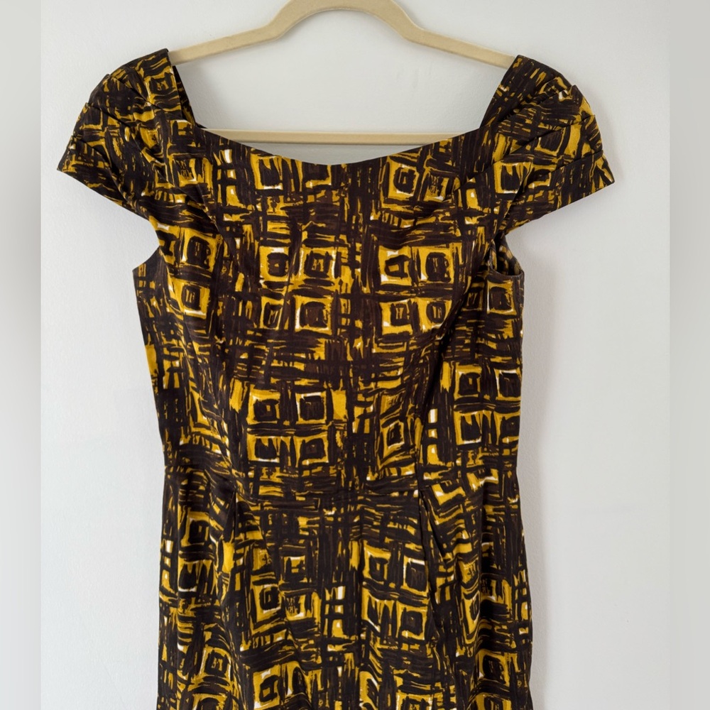 Milly New York Boatneck Cap-Sleeve Brown and Yellow Abstract Dress 2 - Picture 7 of 7